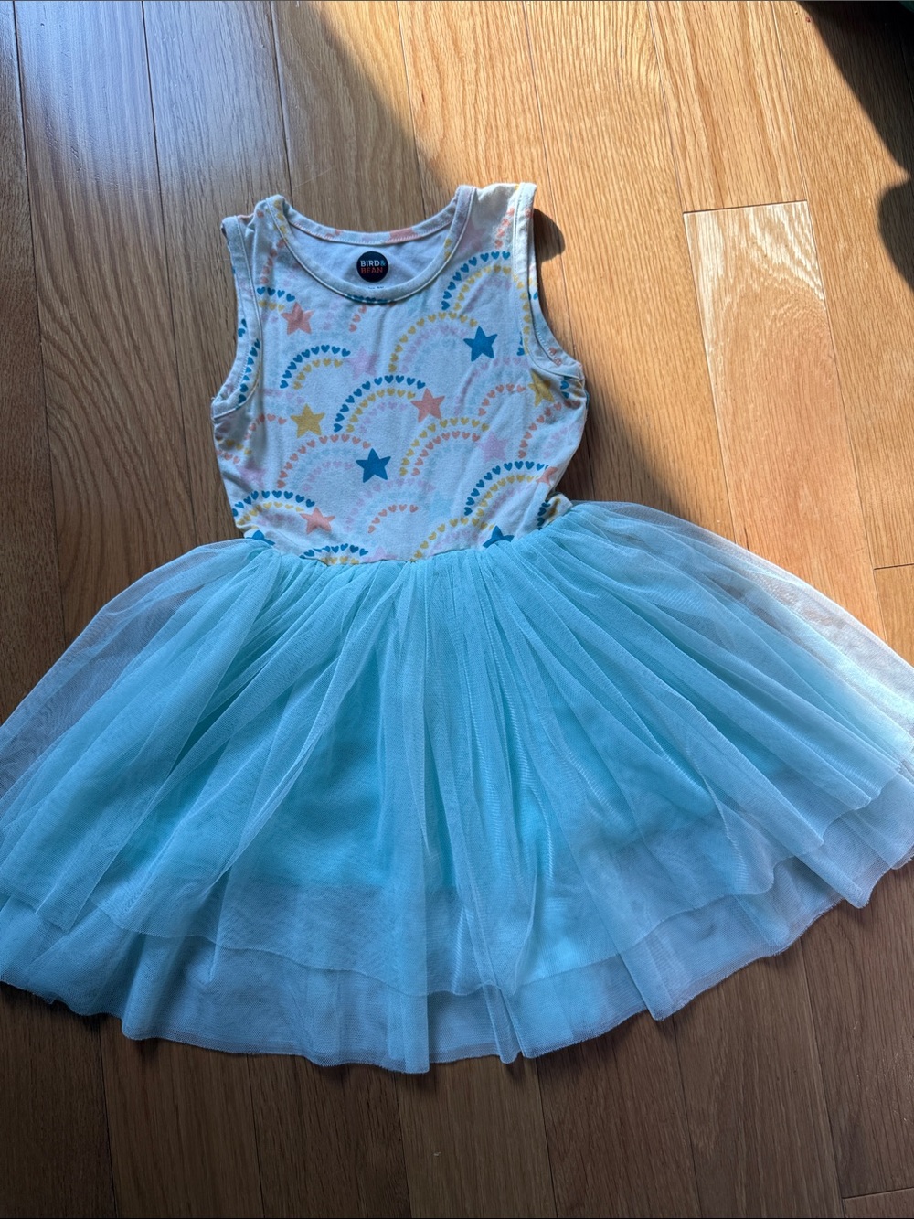 Toddler Bamboo Light Blue Rainbow Star Tulle Dress